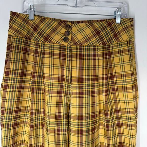 Anthropologie Plaid Wide-Leg Trouser Pants Womens Sz Large Marygold Gold Tartan - Picture 4 of 11